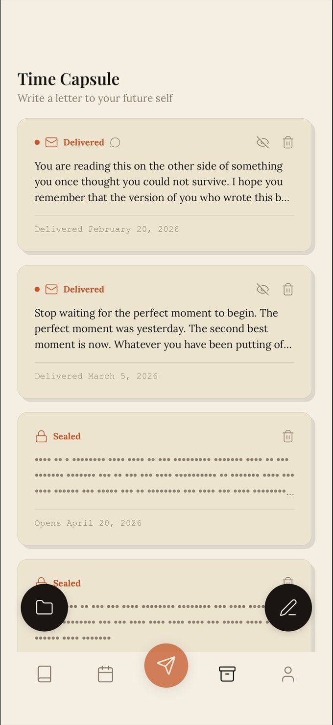 Time Capsule screen: letters to your future self